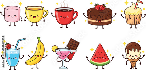 cute kawaii food characters vector set, smiling desserts drinks fruits cartoon illustration marshmallow coffee cake banana ice cream