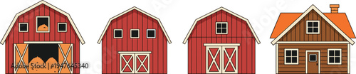 farm barn and wooden farmhouse vector set, rural agriculture buildings illustration, red barn stable country house cartoon farm architecture