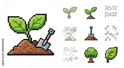Pixel Art Sprout and Shovel Icon Set