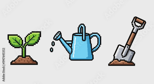 Pixel Art Sprouts, Watering Can, and Shovel Icons
