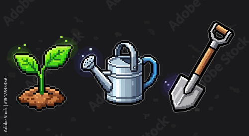 Pixel Art Sprout, Watering Can, and Shovel - Gardening Icons