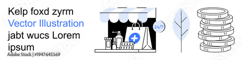 Healthcare access, sustainability, online shopping, pharmacy, eco-living, financial concepts. Shopfront with medical and eco icons, stack of coins. Online healthcare services and sustainability