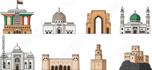 Middle Eastern Islamic architecture landmarks vector set, mosque fortress gate tower traditional heritage buildings illustration collection