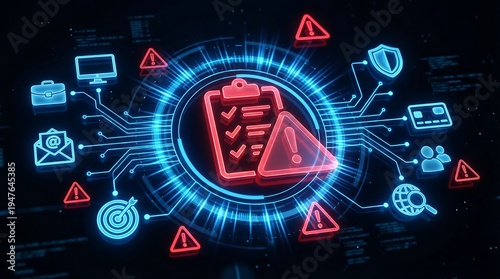 A glowing central clipboard with checklist and warning, surrounded by business symbols and multiple red triangles, signifying crucial compliance.