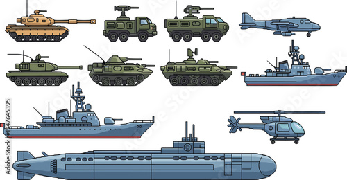 military vehicles and weapons vector set, tanks warships helicopter submarine aircraft armored army transport illustration collection