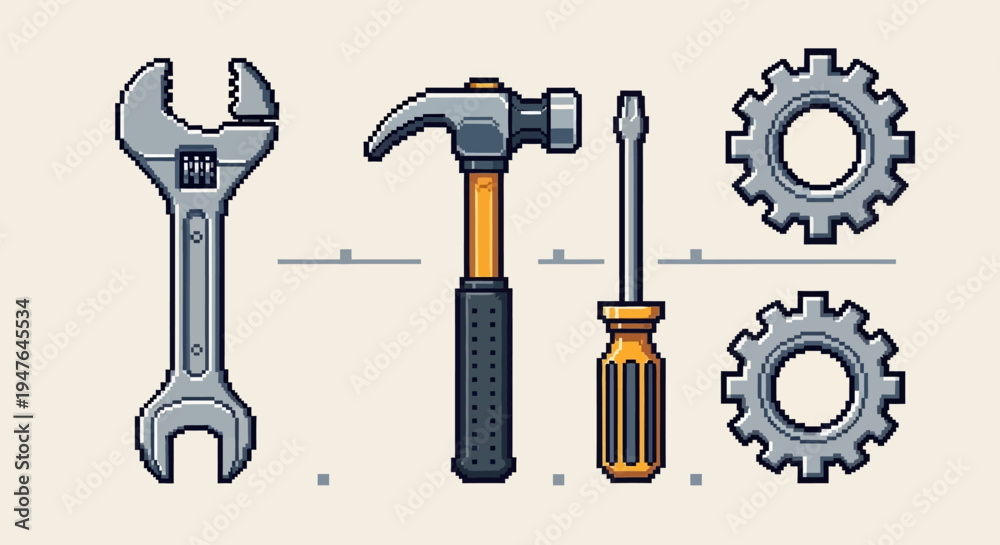 Fototapeta premium Pixel Art Tools: Wrench, Hammer, Screwdriver, Gears