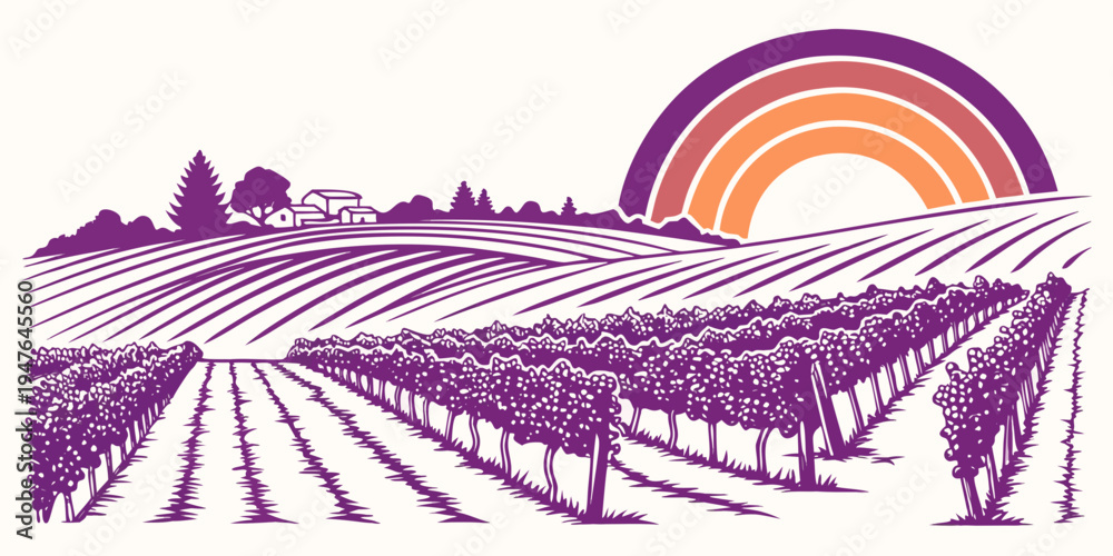 Obraz premium A purple illustration of a vineyard at sunset Vector