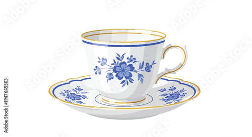 Elegant white teacup and saucer with delicate blue floral patterns
