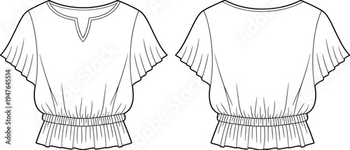 CAD drawing flat vector illustration, fashion technical sketch, short sleeve blouse, pleated hem, elastic waist, women’s apparel design