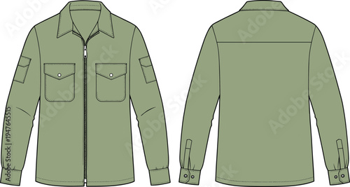 CAD drawing flat vector illustration, fashion technical sketch, men’s utility jacket, front zipper, chest pockets, long sleeve outerwear, casual clothing design