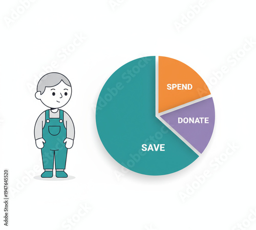 Financial management concepts illustrated with a pie chart showing save, spend, and donate allocations and a cartoon figure