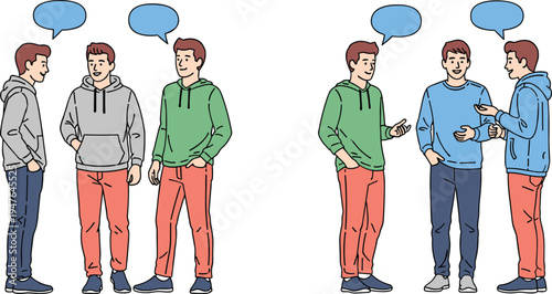 young men talking conversation illustration, casual friends discussion with speech bubbles communication social interaction cartoon characters vector set