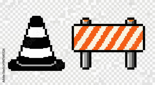 Pixel Art Traffic Cone and Road Barrier, Construction Elements, Retro Game Style