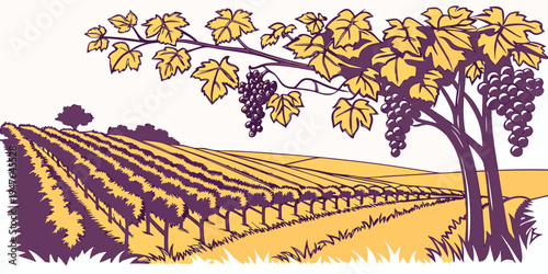 A tree standing in a vineyard on a sunny day Vector