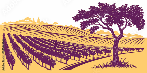 A tree standing in a vineyard on a hillside Vector