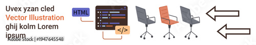 Web development, user workflow, team collaboration, coding workspace, project management, software productivity. Coding interface alongside office chairs and directional arrows. Web development