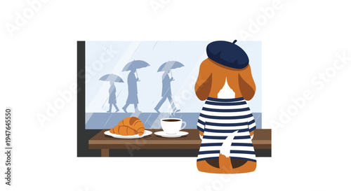 A dog contemplates a rainy parisian street while enjoying coffee and pastry