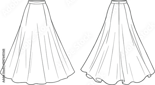 CAD drawing flat vector illustration, fashion technical sketch, women’s flared maxi skirt, high waist design, flowy hem, elegant apparel template