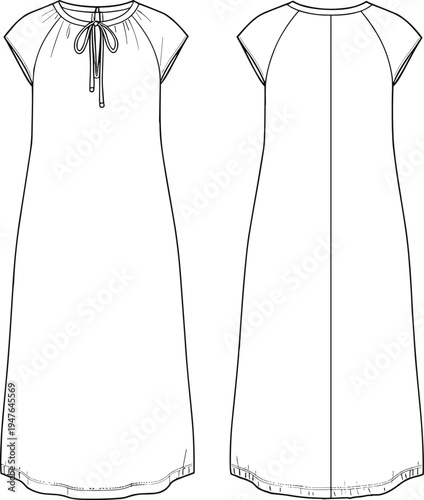 CAD drawing flat vector illustration, fashion technical sketch, women’s casual midi dress, short sleeve design, tie neckline, loose fit clothing template