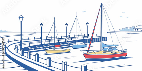 A red sailboat sitting in the water at a marina Vector