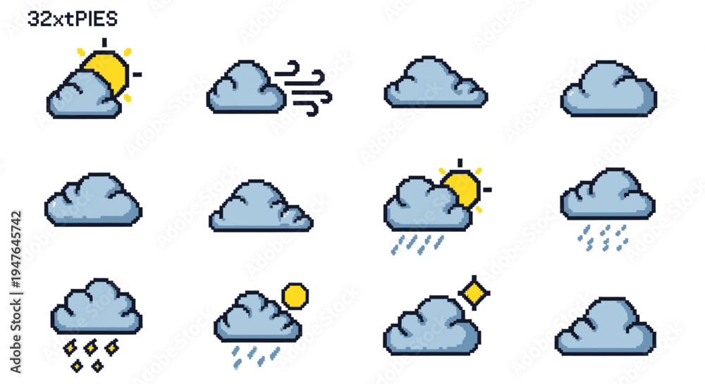 Obraz premium Pixel Art Weather Icons: Sun, Clouds, Rain, Wind, Snow, Sparkle