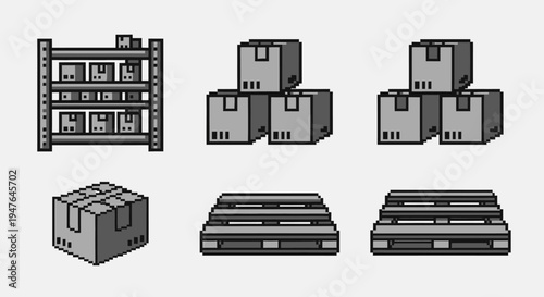 Pixel Art Warehouse Icons: Boxes, Pallets, and Shelving Unit