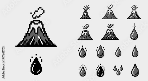Pixel Art Volcano Icons Set: Eruption, Lava Drops, Smoke, Danger