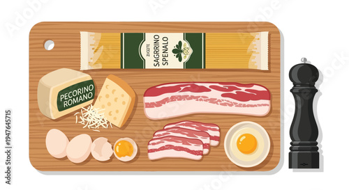Italian ingredients arranged on a wooden cutting board for carbonara