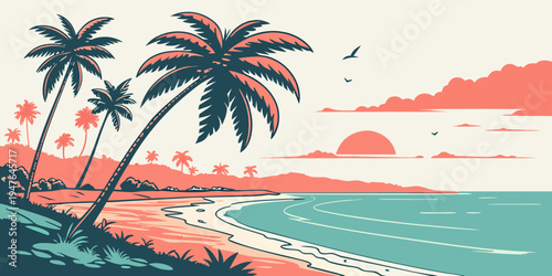 Palm trees on a beach by the ocean Vector