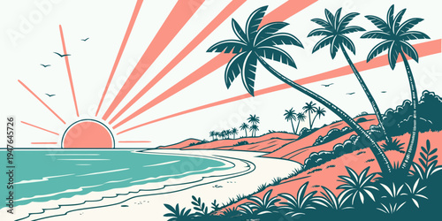 A tropical beach scene with palm trees at sunrise Vector
