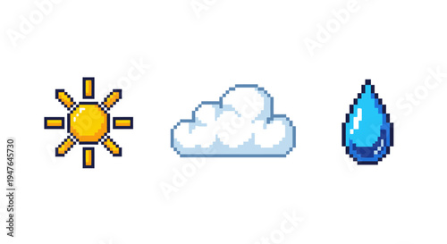 Pixel Art Weather Icons: Sun, Cloud, Raindrop