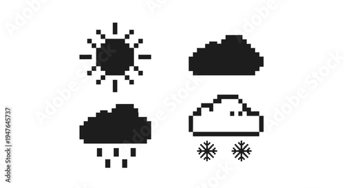 Pixel Art Weather Icons: Sun, Clouds, Rain, Snow