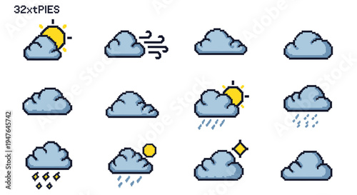 Pixel Art Weather Icons: Sun, Clouds, Rain, Wind, Snow, Sparkle