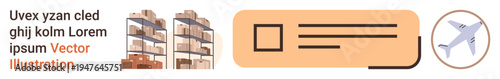 Logistics, supply chain management, shipping, warehousing, order fulfillment, cargo transportation. Illustration showing stacked warehouse shelves, a shipping label and an airplane icon. Logistics