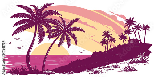 A purple silhouette of a tropical island with palm trees at sunset Vector
