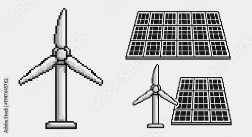 Pixel Art Wind Turbine and Solar Panels - Renewable Energy Icons