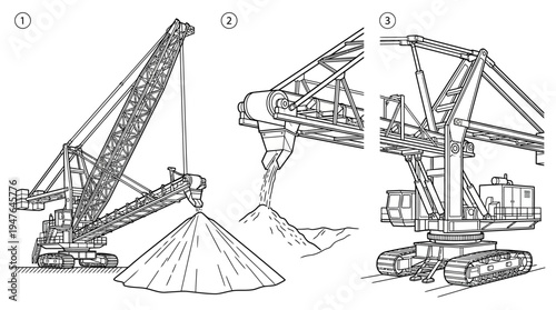 Detailed Line Drawings of Heavy Construction Excavator