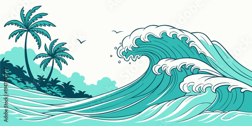 A large wave crashes near a tropical island Vector