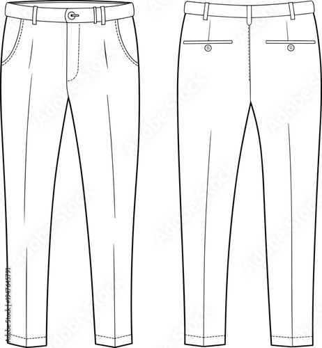 CAD drawing flat vector illustration, pants design, fashion technical illustration, clothing design, trouser sketch, fashion garment, line drawing pants, apparel design
