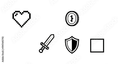 Pixel Heart, Sword, Shield, Coin Icons - Retro Video Game Elements