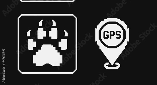 Pixel Paw Print and GPS Location Icon Set on Black Background