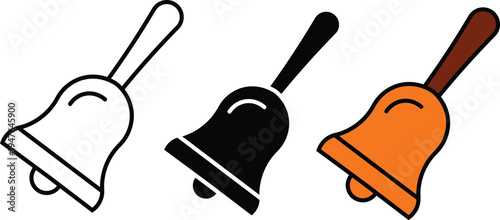 Three cartoon bells in white outline black and orange black bell orange bell white bell
