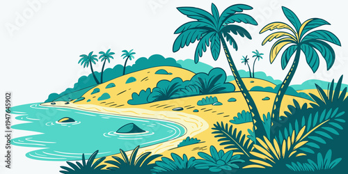 A tropical island with palm trees and a sandy beach Vector