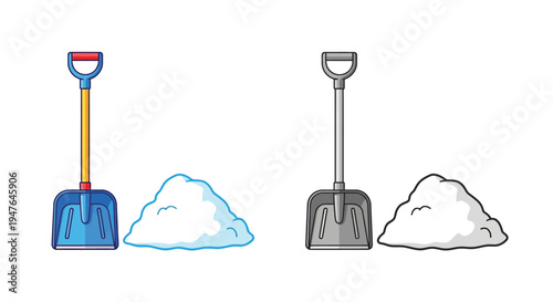Colorful and grayscale illustrations of shovels with piles of snow