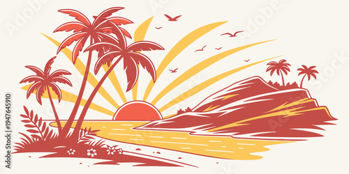 A tropical island with palm trees at sunrise Vector