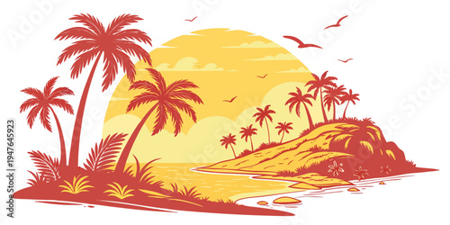 A tropical island with palm trees at sunset Vector