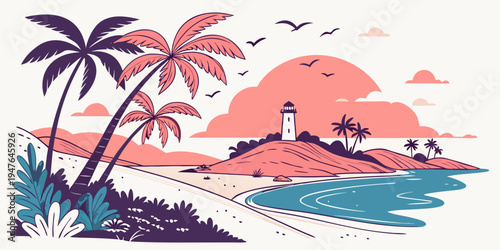 A tropical island with palm trees and a lighthouse Vector