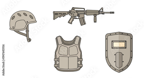 Military equipment including a helmet rifle vest and shield illustration