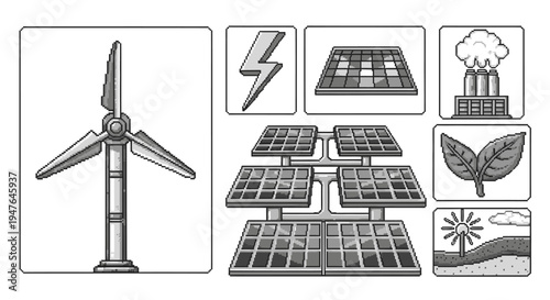 Renewable energy icons: wind turbine, solar panels, power plant, lightning
