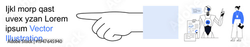 Artificial intelligence, technology communication, robotics, data analysis, business tasks, human-machine relationship. Human pointing, robot interacting with data. AI communication and robotics